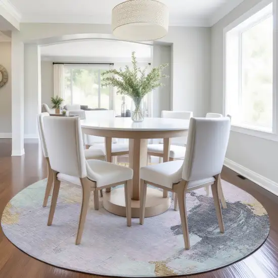 8' Lavender And Gold Round Abstract Washable Indoor Outdoor Area Rug Photo 6