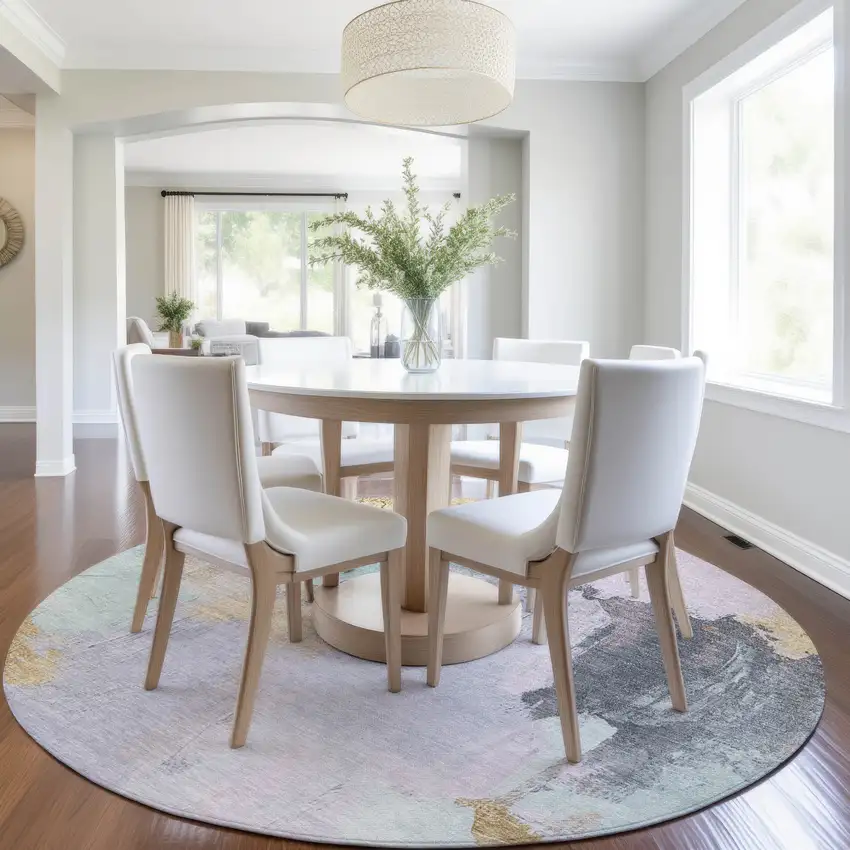 8' Lavender And Gold Round Abstract Washable Indoor Outdoor Area Rug Photo 6