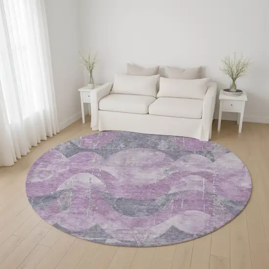 8' Lavender And Gray Abstract Washable Round Rug With UV Protection Photo 4