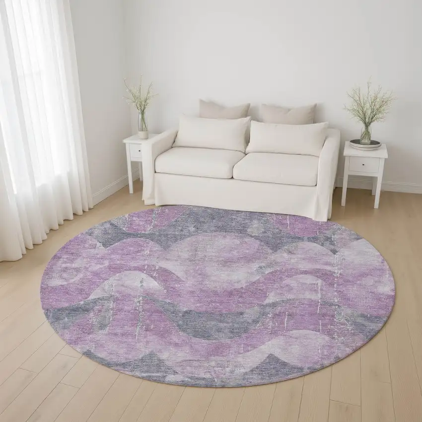 8' Lavender And Gray Abstract Washable Round Rug With UV Protection Photo 4