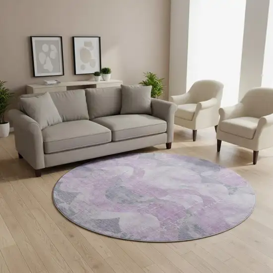 8' Lavender And Gray Abstract Washable Round Rug With UV Protection Photo 2