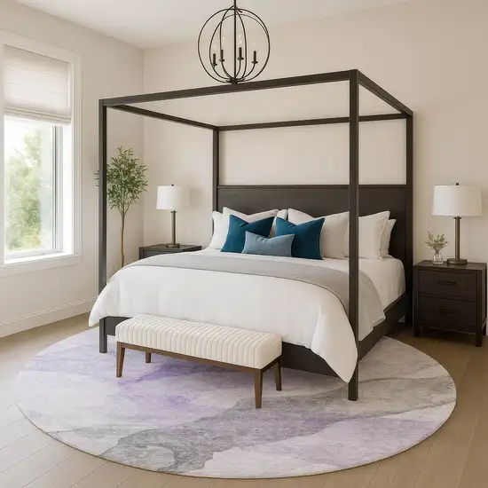 8' Lavender And Gray Abstract Washable Round Rug With UV Protection Photo 4