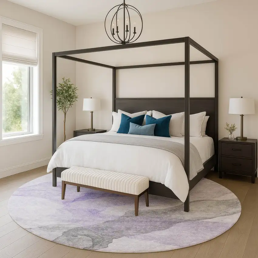 8' Lavender And Gray Abstract Washable Round Rug With UV Protection Photo 4