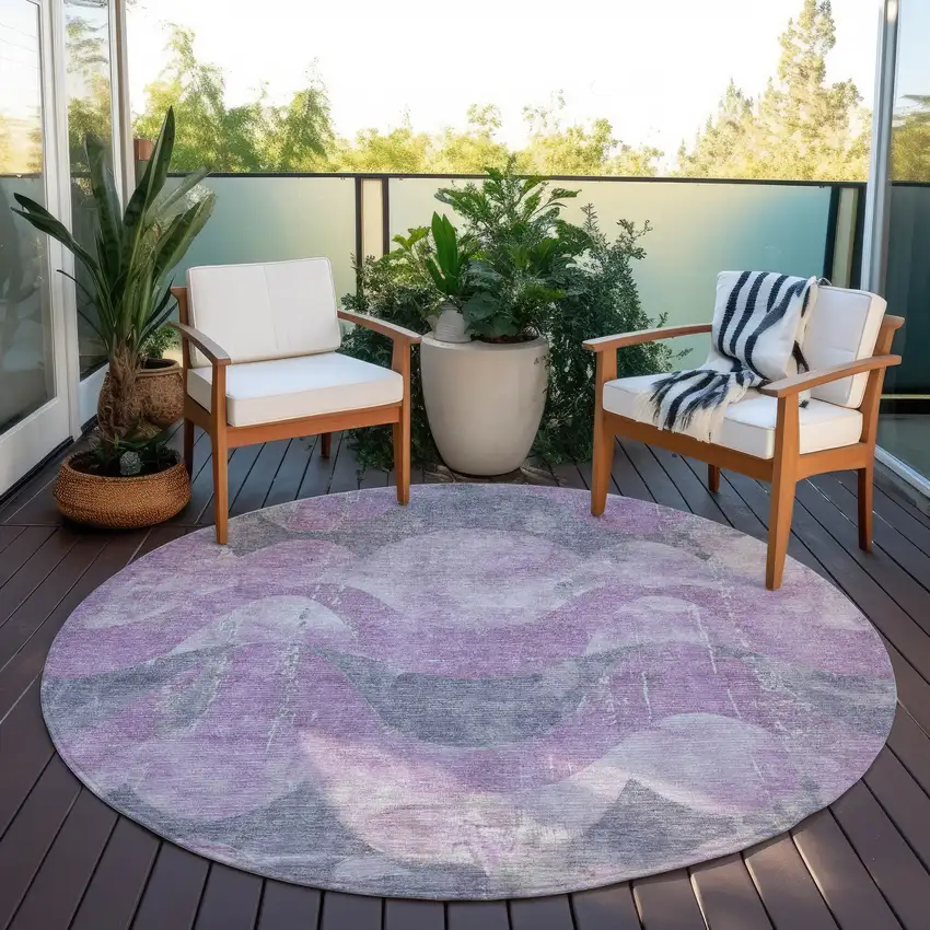 8' Lavender And Gray Round Abstract Washable Indoor Outdoor Area Rug Photo 5