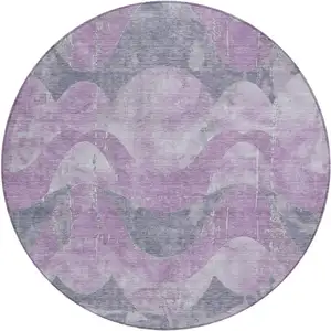 Photo of 8' Lavender And Gray Round Abstract Washable Indoor Outdoor Area Rug