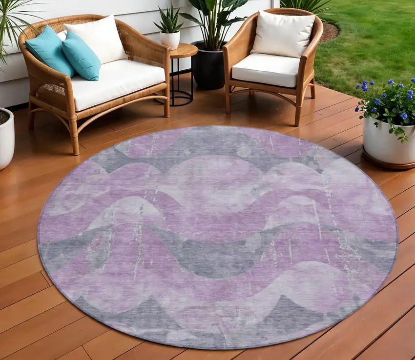 8' Lavender And Gray Round Abstract Washable Indoor Outdoor Area Rug Photo 2