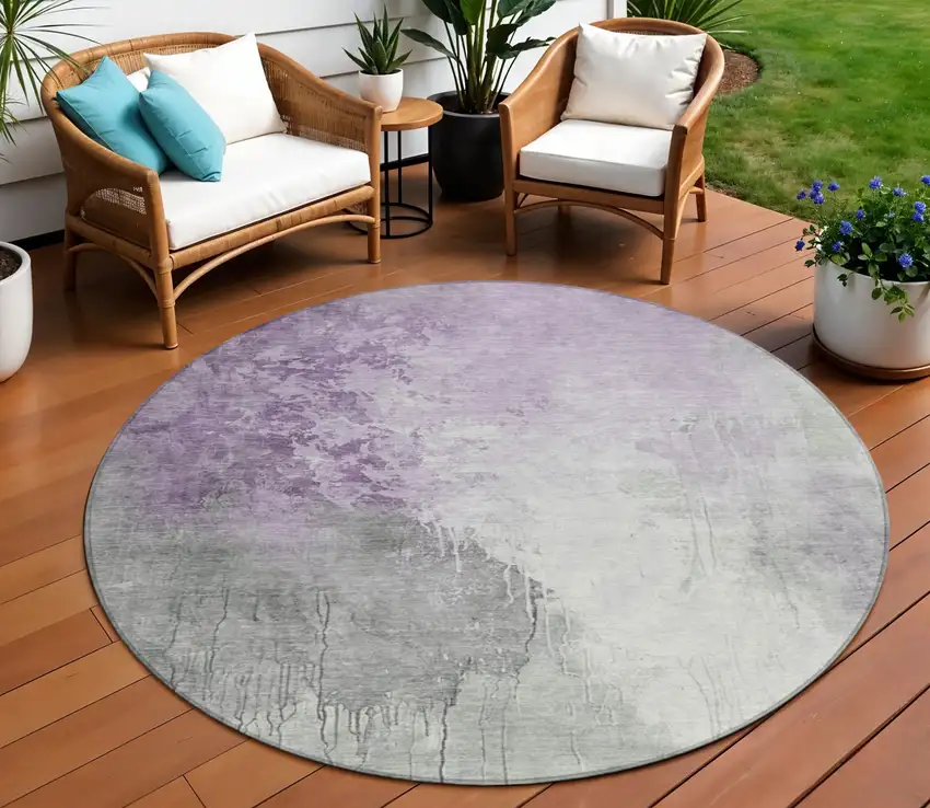 8' Lavender And Gray Round Abstract Washable Indoor Outdoor Area Rug Photo 2