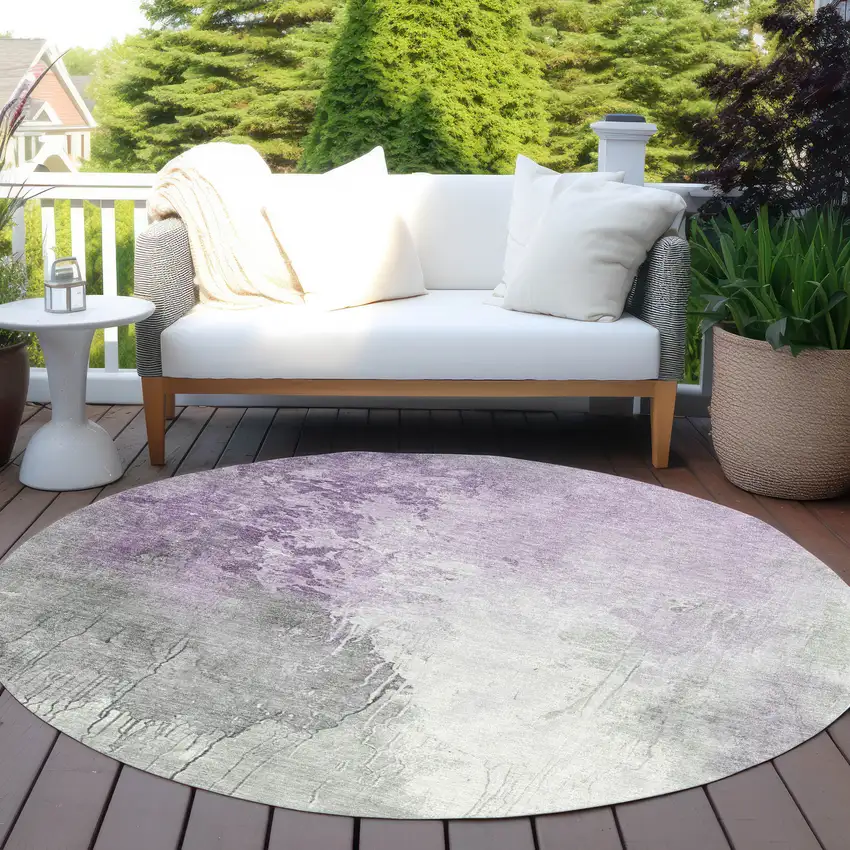 8' Lavender And Gray Round Abstract Washable Indoor Outdoor Area Rug Photo 5