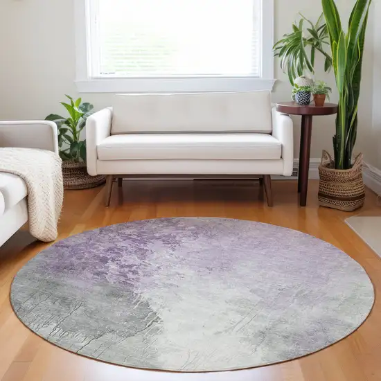 8' Lavender And Gray Round Abstract Washable Indoor Outdoor Area Rug Photo 6