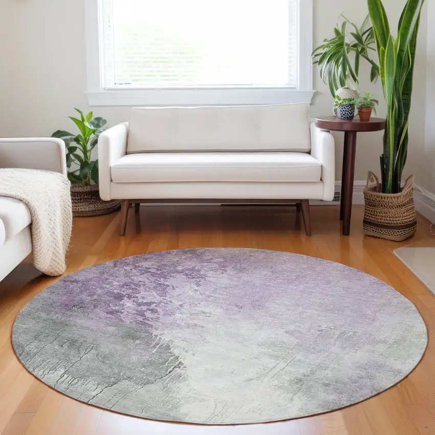 8' Lavender And Gray Round Abstract Washable Indoor Outdoor Area Rug Photo 6