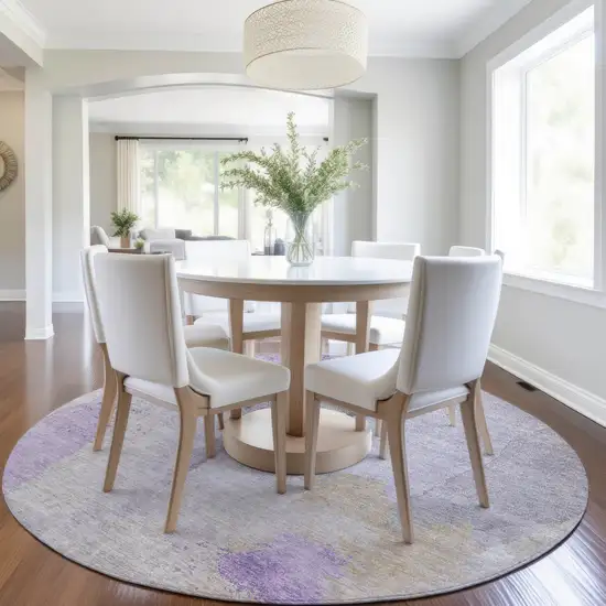 8' Lavender And Gray Round Abstract Washable Indoor Outdoor Area Rug Photo 6