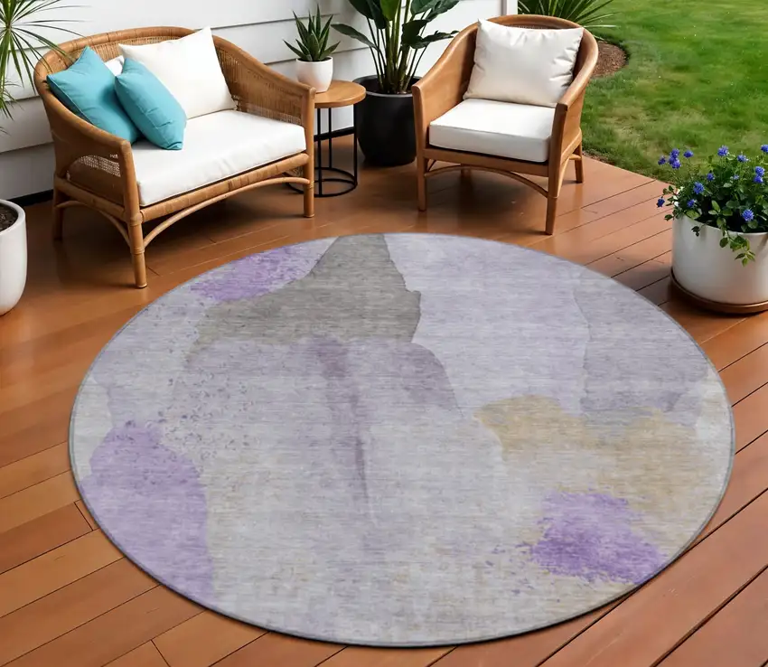8' Lavender And Gray Round Abstract Washable Indoor Outdoor Area Rug Photo 2