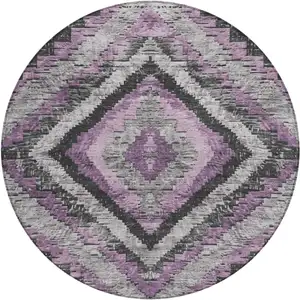 Photo of 8' Lavender And Gray Round Aztec Washable Indoor Outdoor Area Rug