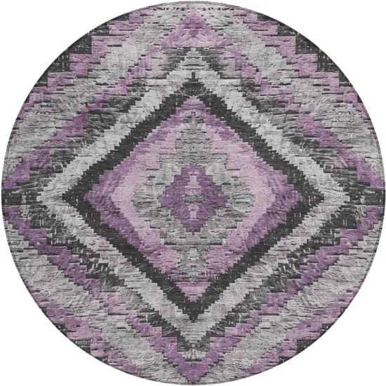 8' Lavender And Gray Round Aztec Washable Indoor Outdoor Area Rug Photo 1