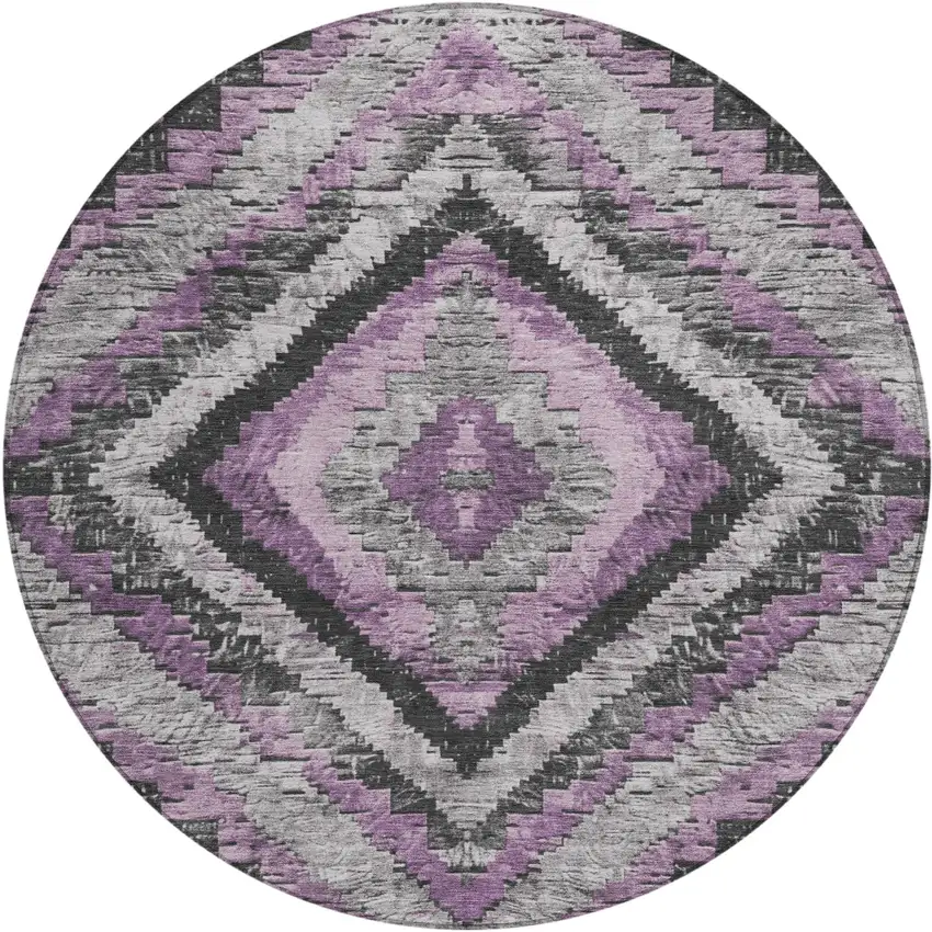 8' Lavender And Gray Round Aztec Washable Indoor Outdoor Area Rug Photo 1