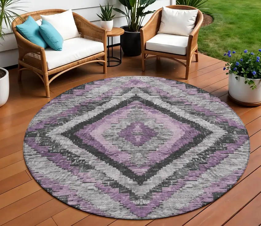8' Lavender And Gray Round Aztec Washable Indoor Outdoor Area Rug Photo 2