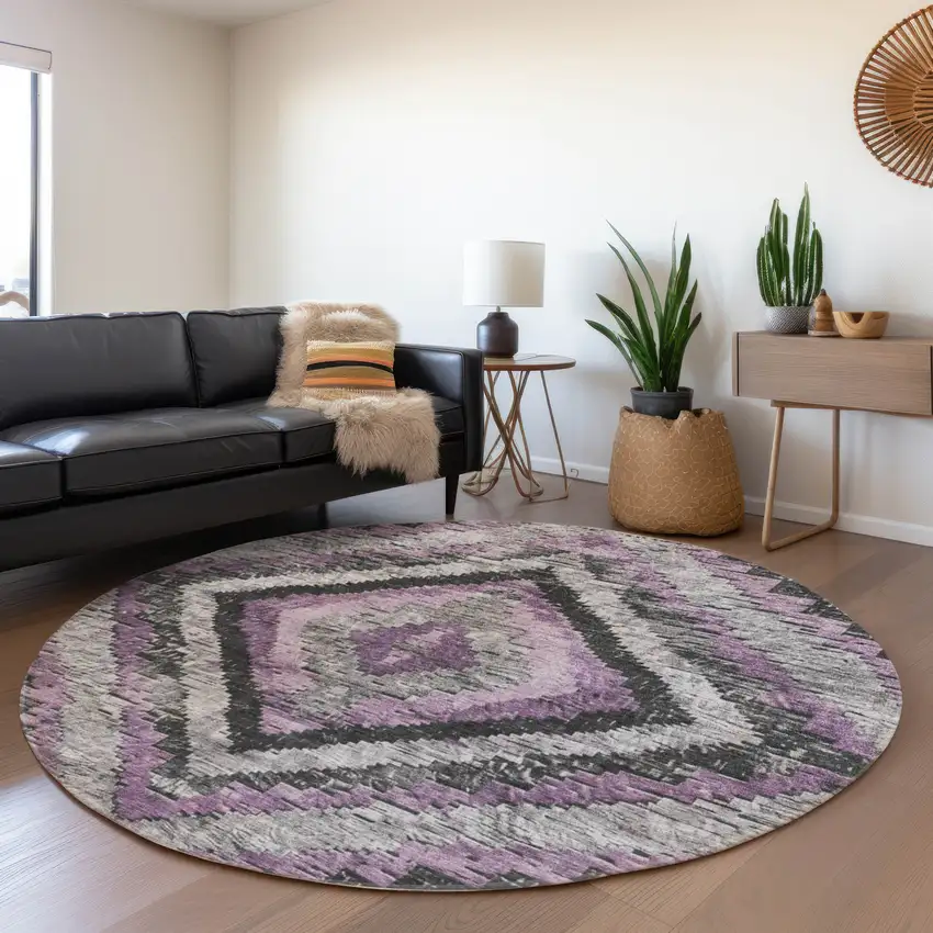 8' Lavender And Gray Round Aztec Washable Indoor Outdoor Area Rug Photo 6