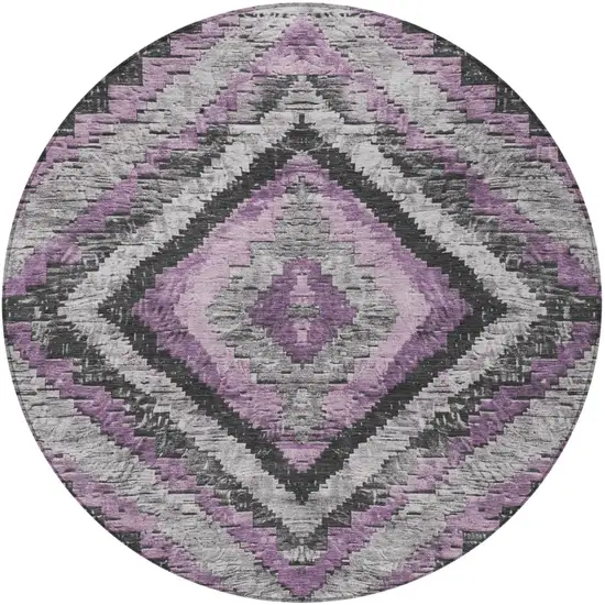 8' Lavender And Gray Round Aztec Washable Indoor Outdoor Area Rug Photo 4