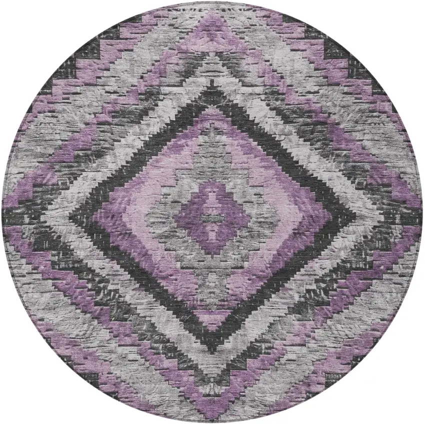 8' Lavender And Gray Round Aztec Washable Indoor Outdoor Area Rug Photo 4