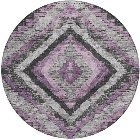 8' Lavender And Gray Round Aztec Washable Indoor Outdoor Area Rug Photo 3
