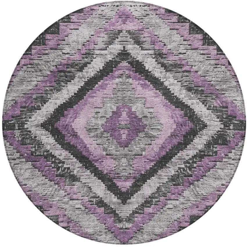 8' Lavender And Gray Round Aztec Washable Indoor Outdoor Area Rug Photo 3