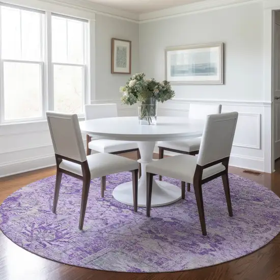 8' Lavender And Gray Round Damask Washable Indoor Outdoor Area Rug Photo 8