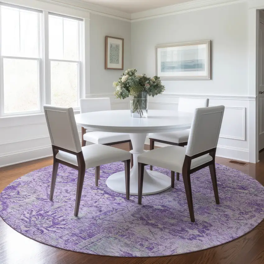 8' Lavender And Gray Round Damask Washable Indoor Outdoor Area Rug Photo 8