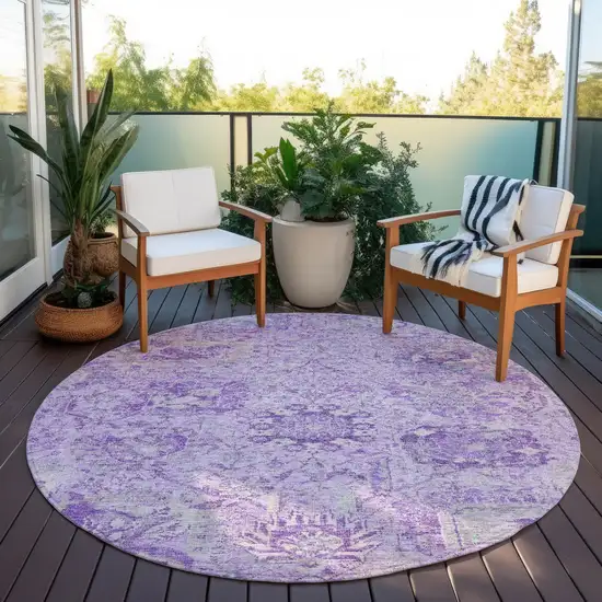 8' Lavender And Gray Round Damask Washable Indoor Outdoor Area Rug Photo 7
