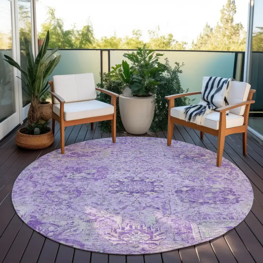 8' Lavender And Gray Round Damask Washable Indoor Outdoor Area Rug Photo 7