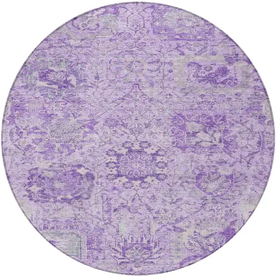 8' Lavender And Gray Round Damask Washable Indoor Outdoor Area Rug Photo 6