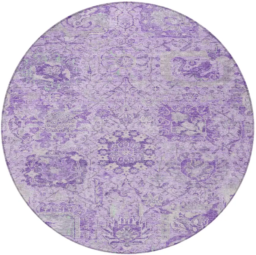 8' Lavender And Gray Round Damask Washable Indoor Outdoor Area Rug Photo 6