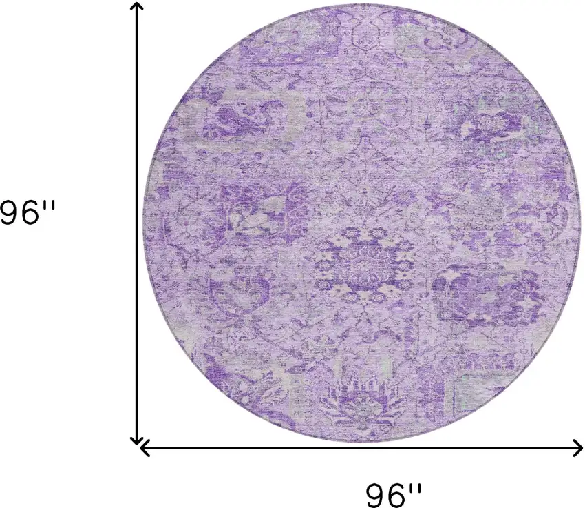 8' Lavender And Gray Round Damask Washable Indoor Outdoor Area Rug Photo 9