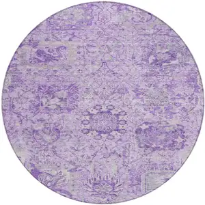 Photo of 8' Lavender And Gray Round Damask Washable Indoor Outdoor Area Rug