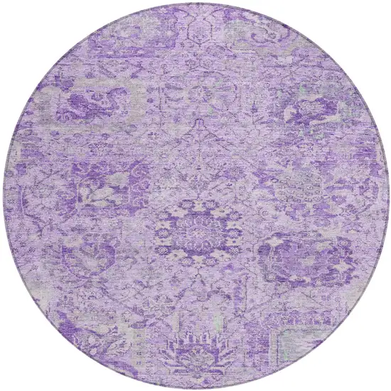 8' Lavender And Gray Round Damask Washable Indoor Outdoor Area Rug Photo 2
