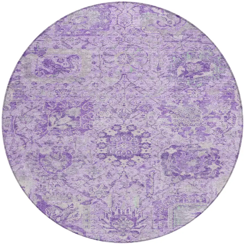 8' Lavender And Gray Round Damask Washable Indoor Outdoor Area Rug Photo 2