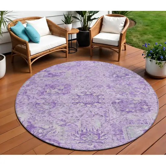 8' Lavender And Gray Round Damask Washable Indoor Outdoor Area Rug Photo 1