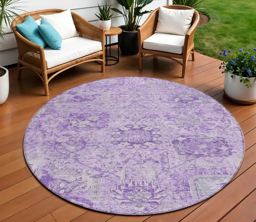 8' Lavender And Gray Round Damask Washable Indoor Outdoor Area Rug Photo 1