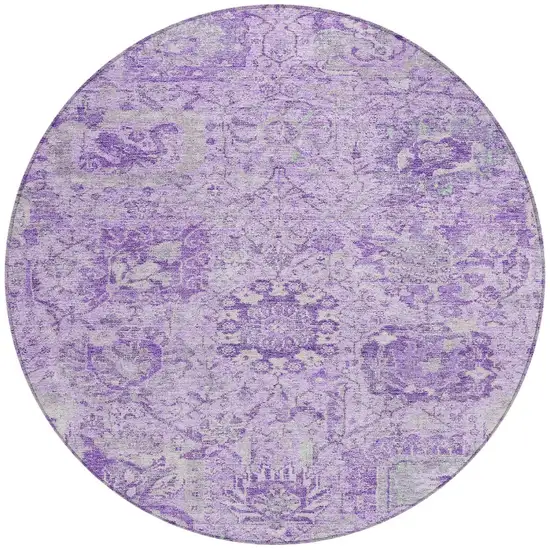 8' Lavender And Gray Round Damask Washable Indoor Outdoor Area Rug Photo 5