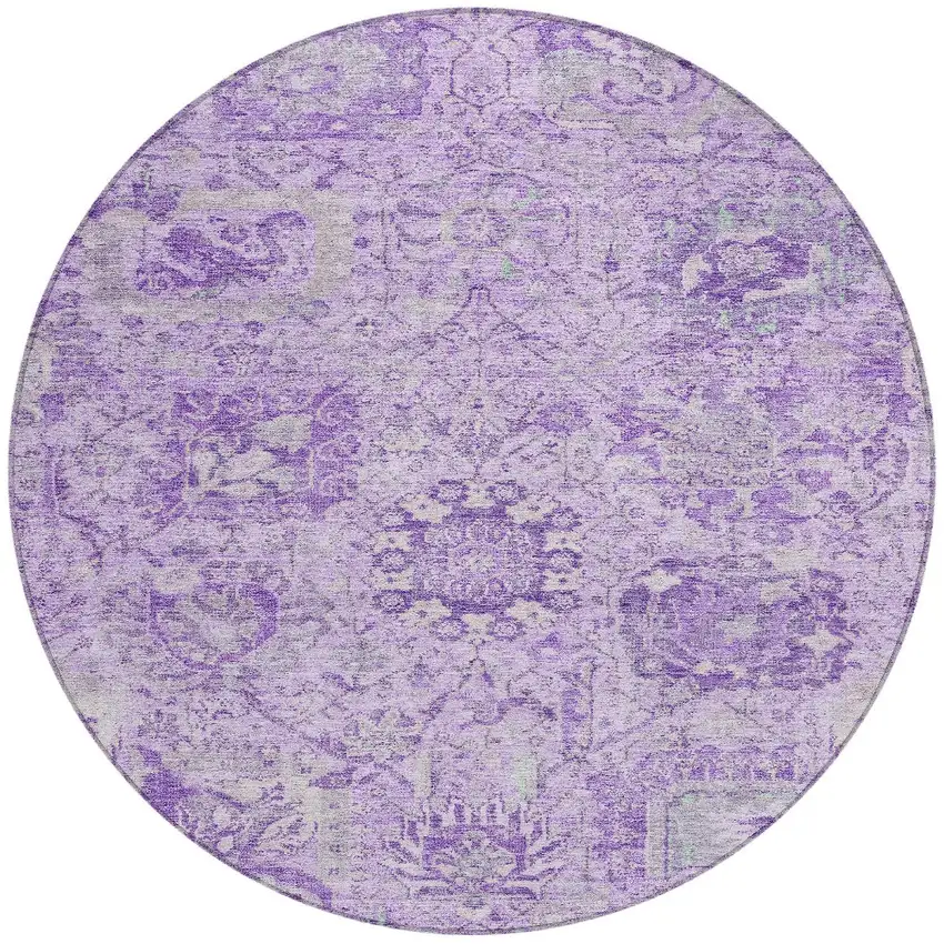8' Lavender And Gray Round Damask Washable Indoor Outdoor Area Rug Photo 5