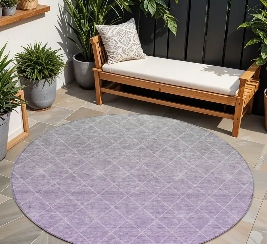 8' Lavender And Gray Round Geometric Washable Indoor Outdoor Area Rug Photo 1
