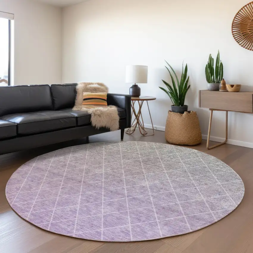 8' Lavender And Gray Round Geometric Washable Indoor Outdoor Area Rug Photo 7
