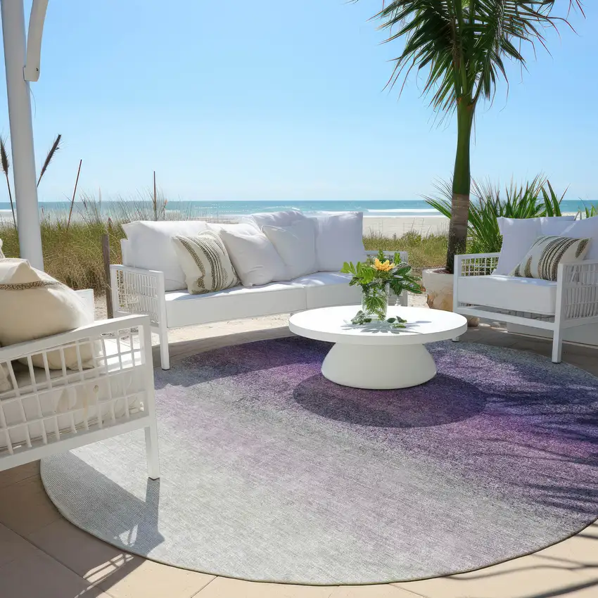 8' Lavender And Gray Round Ombre Washable Indoor Outdoor Area Rug Photo 5