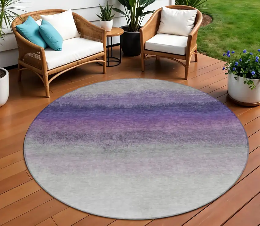 8' Lavender And Gray Round Ombre Washable Indoor Outdoor Area Rug Photo 2