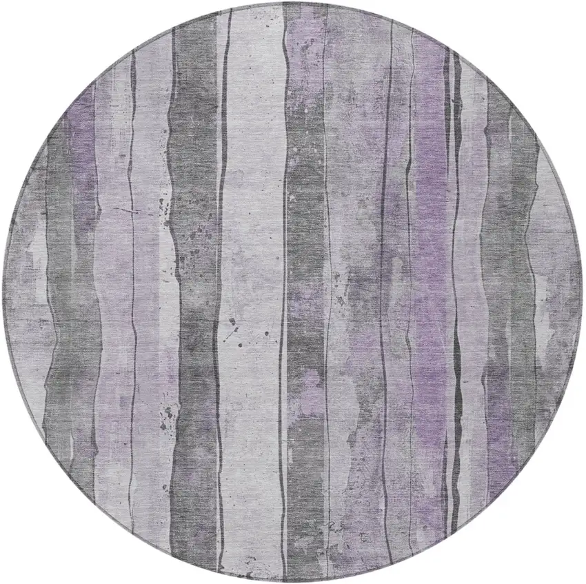 8' Lavender And Gray Round Striped Washable Indoor Outdoor Area Rug Photo 3
