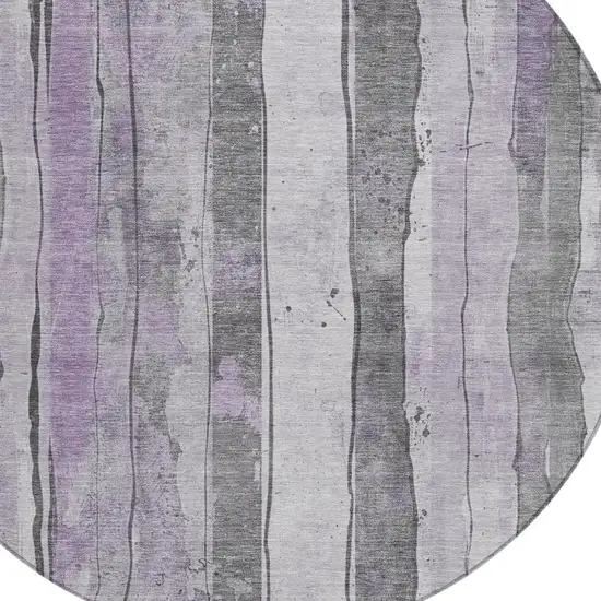 8' Lavender And Gray Round Striped Washable Indoor Outdoor Area Rug Photo 4