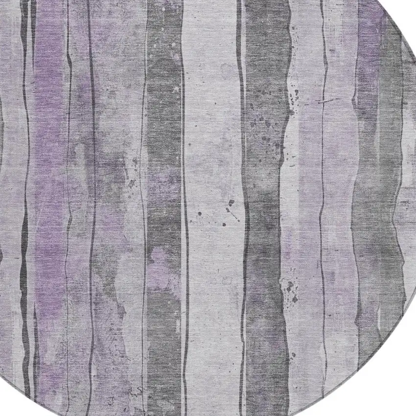 8' Lavender And Gray Round Striped Washable Indoor Outdoor Area Rug Photo 4