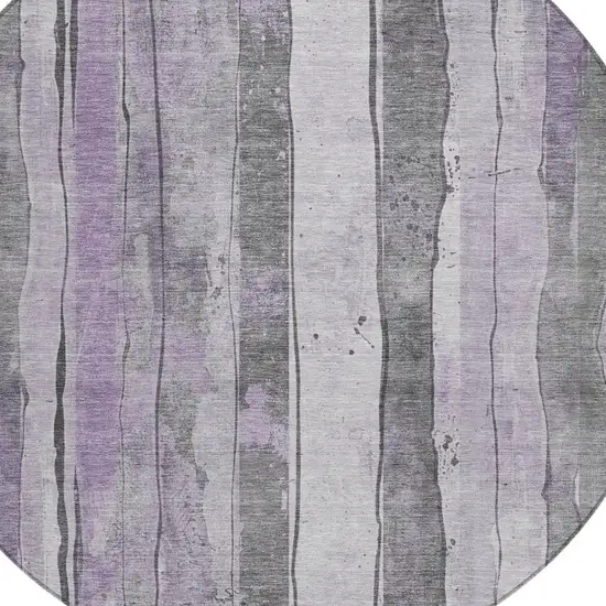 8' Lavender And Gray Round Striped Washable Indoor Outdoor Area Rug Photo 8