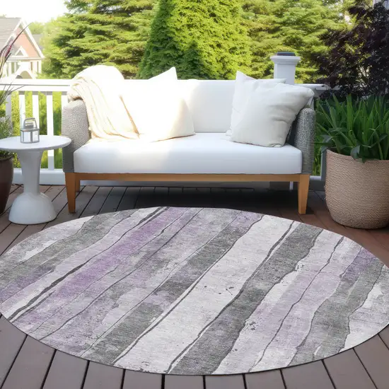 8' Lavender And Gray Round Striped Washable Indoor Outdoor Area Rug Photo 5