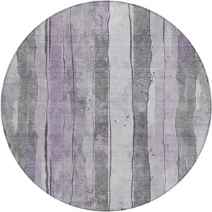 Photo of 8' Lavender And Gray Round Striped Washable Indoor Outdoor Area Rug