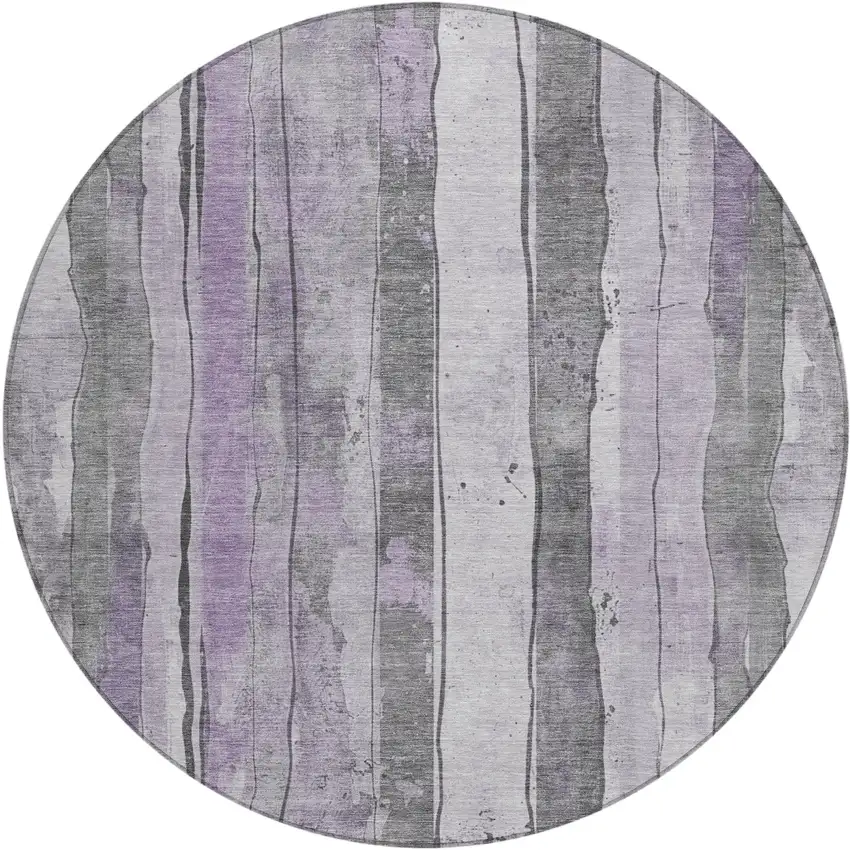8' Lavender And Gray Round Striped Washable Indoor Outdoor Area Rug Photo 1